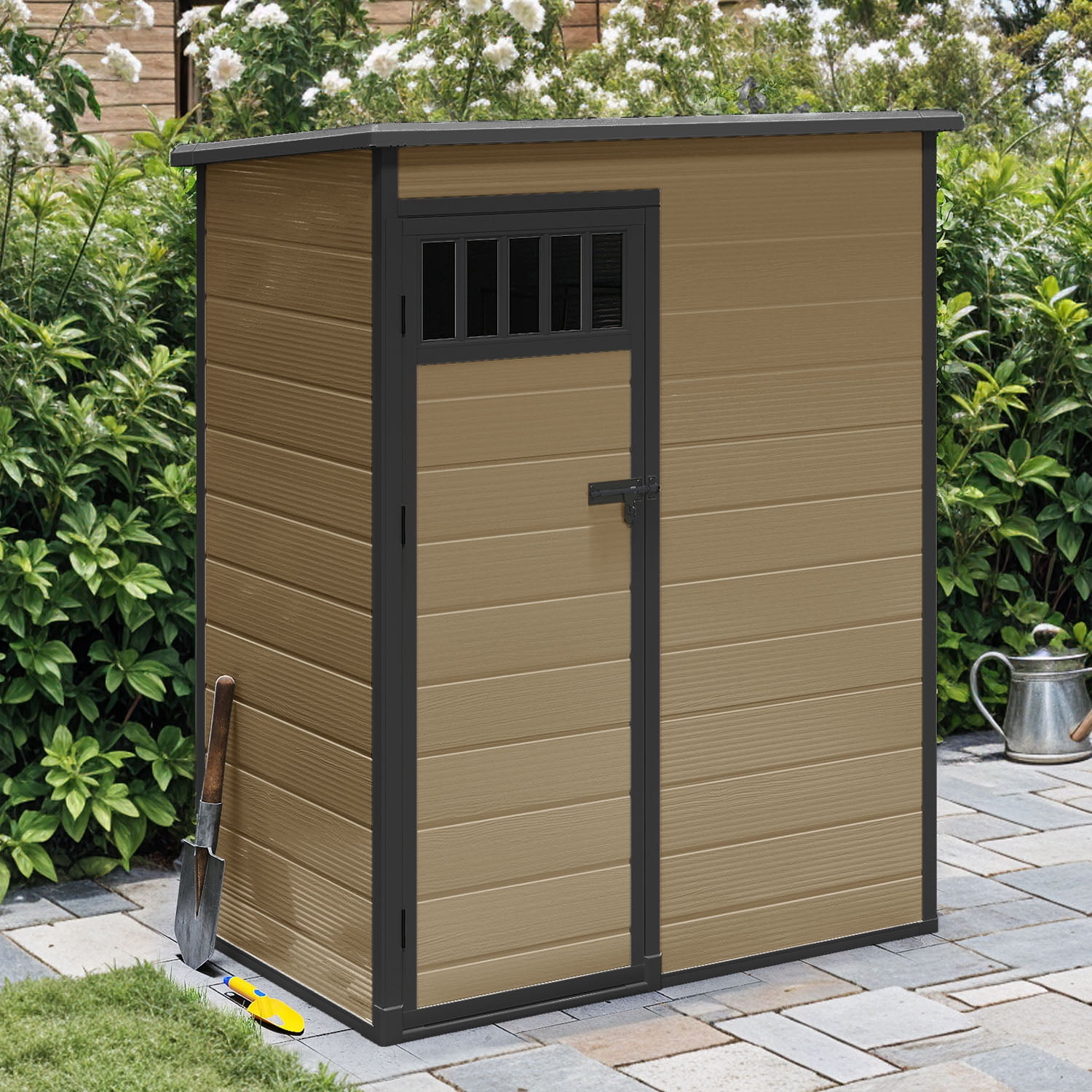 Dextrus 5x3FT Outdoor Storage Shed with Windows, Floor, Lockable Doors, Waterproof Plastic, Brown