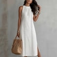 thumbnail image 6 of QUNYINEY White Womens Sundresses Sleeveless Long Cotton Summer Tank Dress Crew Neck Slit Loose Fit Casual with Pockets Dresses, 6 of 6