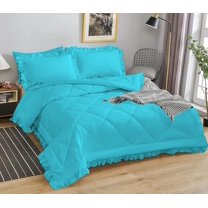 DNG Creations 5 Piece Ruffle Diamond Comforter All Season 550 GSM Oversized Queen Size - 800 Threads Count, 100% Egyptian Cotton Solid Turquoise Blue Colour