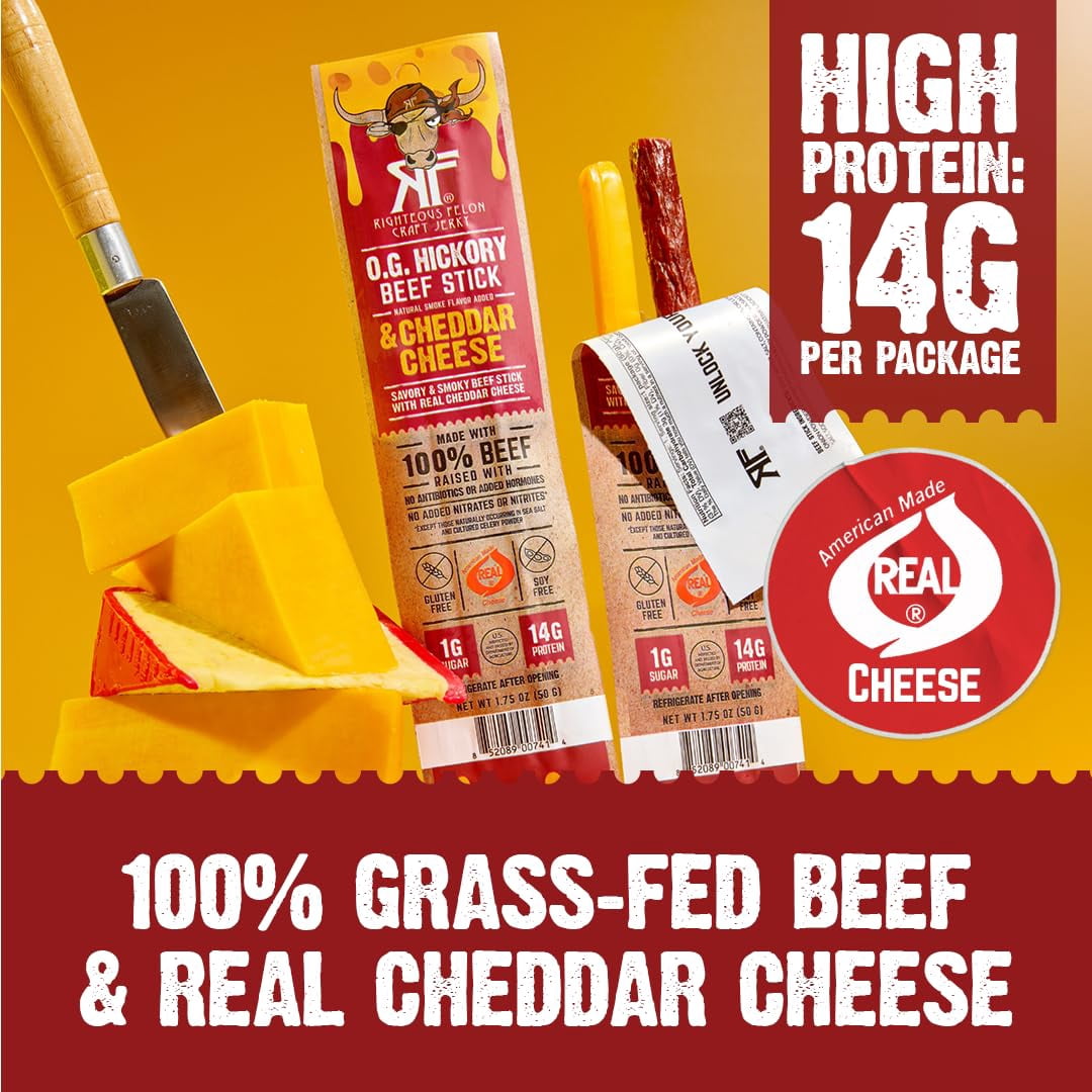 Righteous Felon O.G. Hickory Beef & Cheddar Cheese Sticks, 14g Protein, 100% Grass-Feed - 10 Combo Sticks