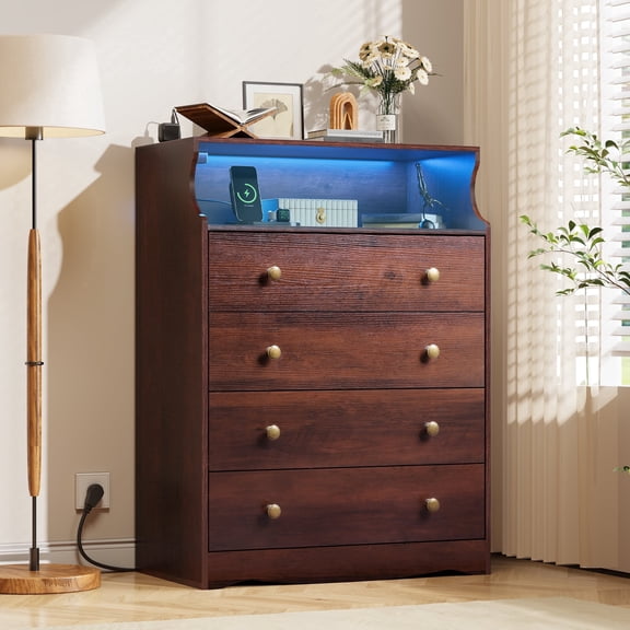 GALAXHERO 4 Drawers Dresser for Bedroom, Rustic Brown Tall Dressers with LED Open Shelf, Modern Chest of Drawers with Charging Station, Wood Closet Clothes Organizer Storage Cabinet
