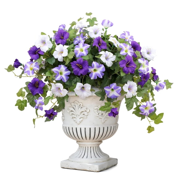 HKKDKTA Artificial Flowers for Outdoors,2pcs Artificial Petunias Silk Flower UV Resistant Fake Flower for Garden Yard Porch (Purple White)