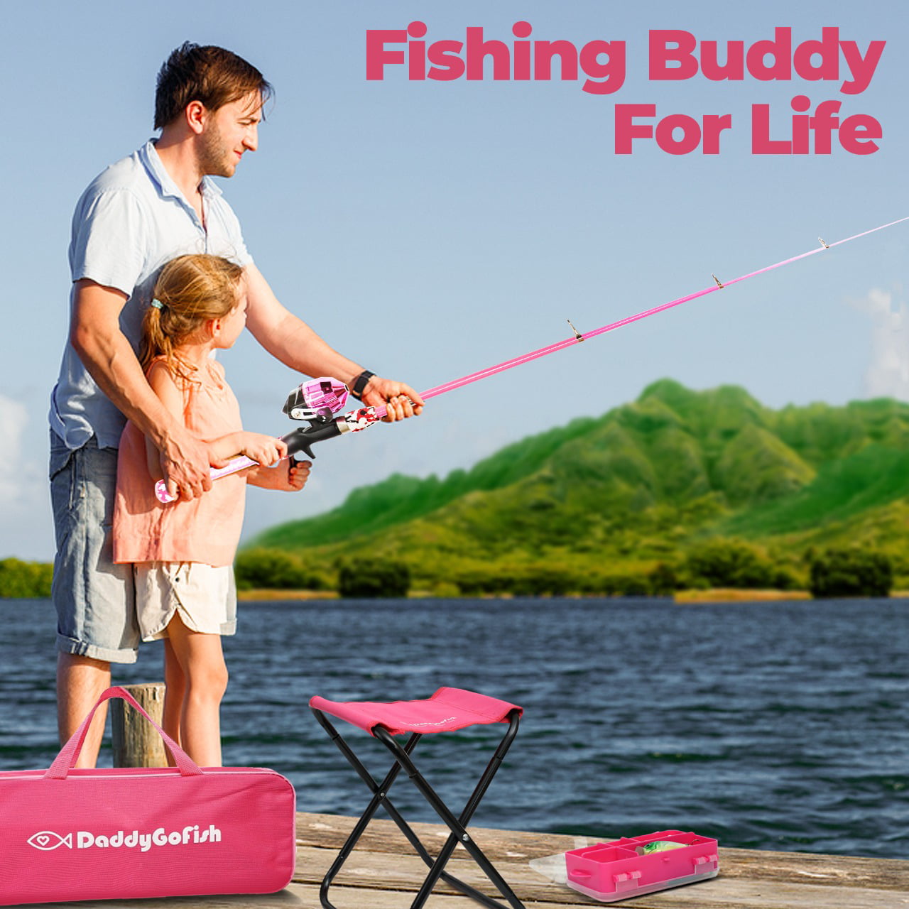 DaddyGoFish Kids Fishing Pole – Telescopic Rod & Reel Combo with  Collapsible Chair, Rod Holder, Tackle Box, Bait Net and Carry Bag for Boys  and Girls