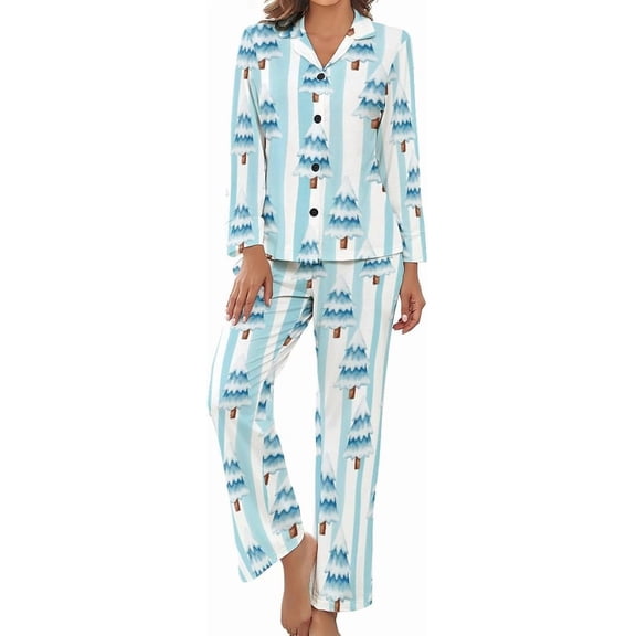Top-kevin Pajama Sets for Womens Winter Cocktail Pattern Loose Button Down Long Sleeve Shirts And Pants Set