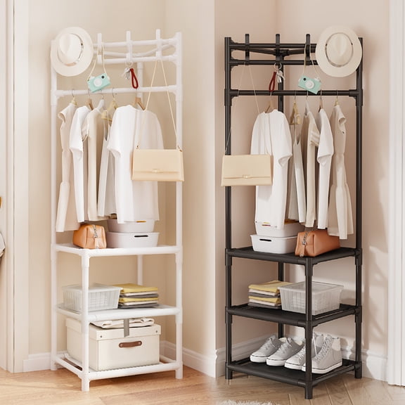 RBCKVXZ Freestanding Coat & Shoe Rack 3-Tier - Plastic Storage with 4 Hooks & 2 Storage Shelves | Corner Space-Saving Entryway Organizer for Home, Dorm & Rental Room (Black)