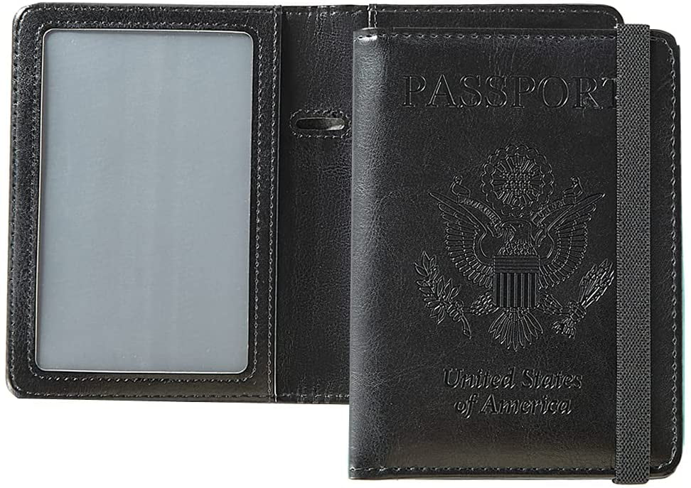 Black Leather Passport Holder Cover RFID Blocking Travel Wallet Ticket Organizer with vaccine card slot for Men/Women 