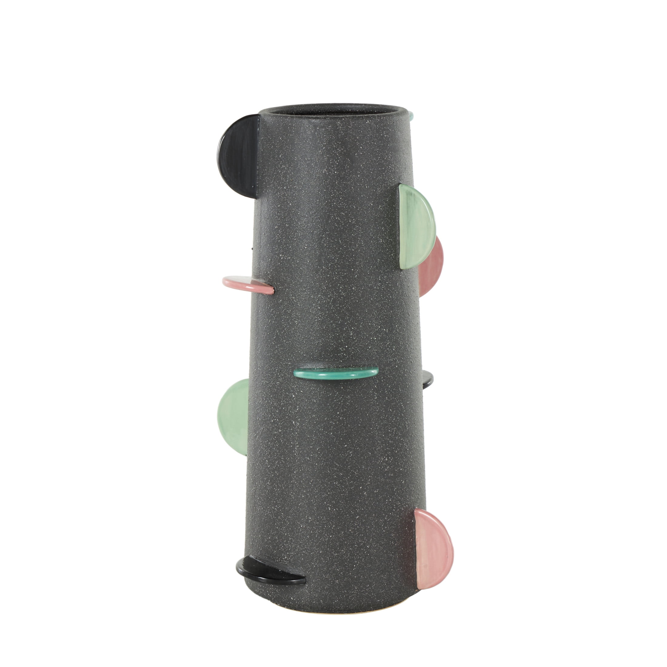 DecMode 16" Textured Black Ceramic Vase with Multicolor Half-Moon Accents