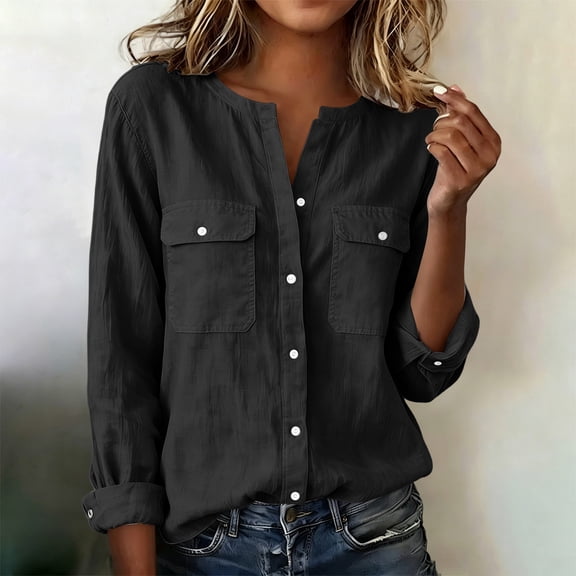 CQONEPT Long Sleeve Shirt for Women Button Down Blouse Long Sleeve Dressy Casual Cotton Linen Blend Fall Clothes Black L