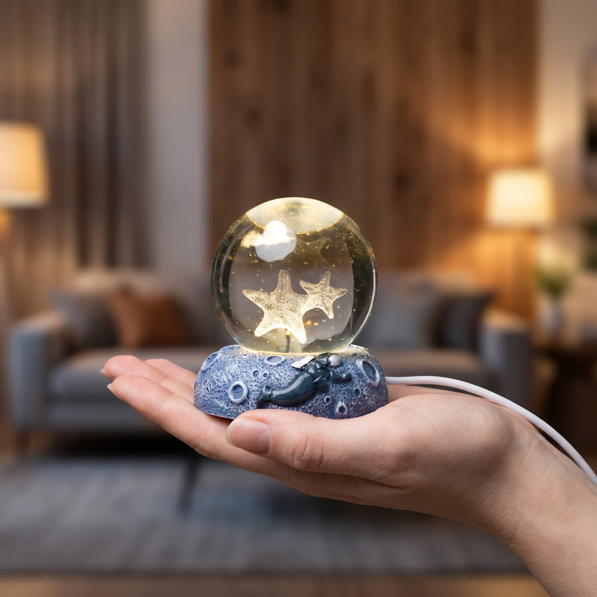 Unique Bargains Glowing Crystal Ball Figurine 3D Glass Ornament with LED Light Base Beige Style D 2.4"x2.4"x3.1"