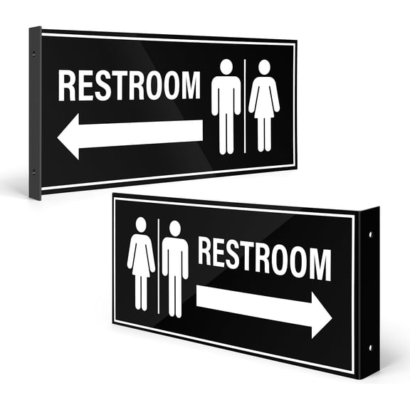 Restroom Sign with Arrow | 12.1" x 5.5" Double Sided Wall Mounted Projecting Unisex Restroom Sign for Commercial Workplace Hallway with Mounting Kit (Pack of 2)