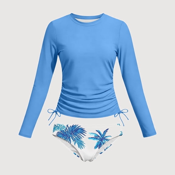 Gyujnb Side Ruched Long Sleeve Two Piece Swimsuit With Tropical Print Bottoms (Big Girls),13-14 Years