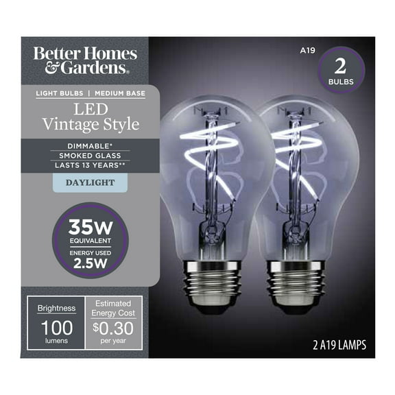 Better Homes & Gardens A19 Vintage LED Amber Light Bulb, 40 Watts Equivalent, 4 Watts Efficient, Dimmable, 2175K, Amber Finish - 2 Pk