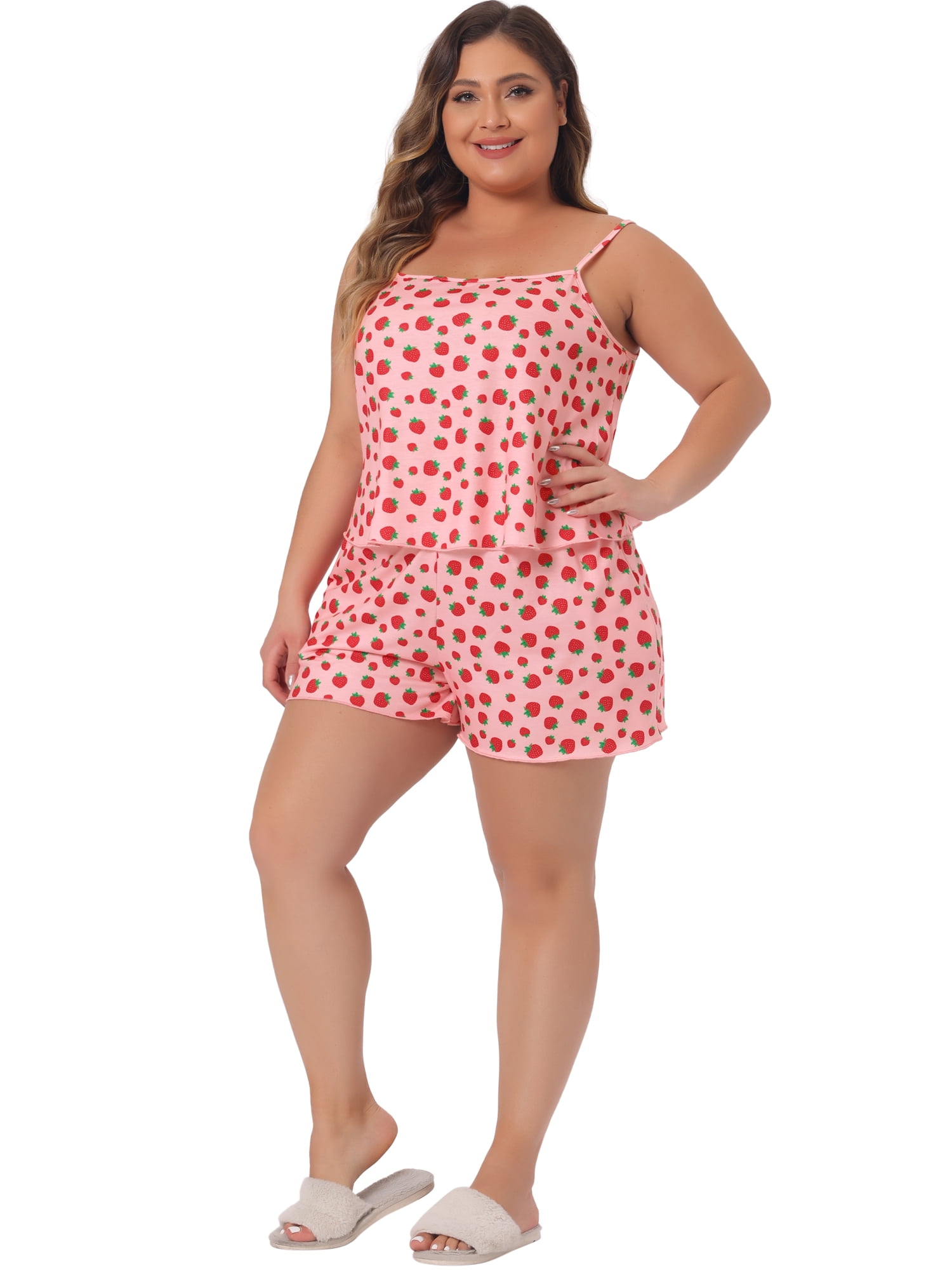 DARING DIVA Women's Plus Size Strawberry Pattern Pajamas Set 1X Pink