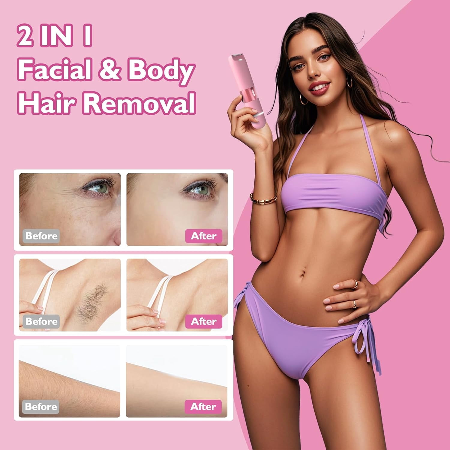 Bikini Trimmer for Women, Dual Head Electric Razors, Waterproof Pubic Hair Trimmer,Rechargeable Painless Silk Glide Pro Shaver for Underarm Leg Arm Body Face, Cherry