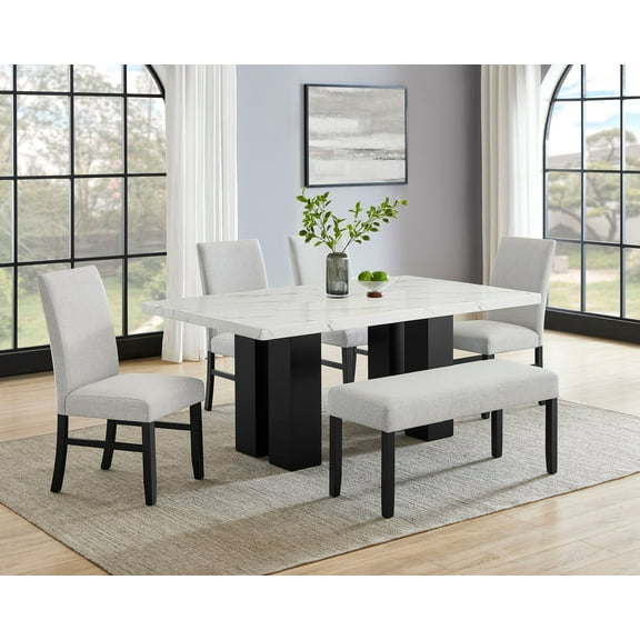 6pc Faux Marble Dining Table Set Upholstery Chairs Bench White Gray Black