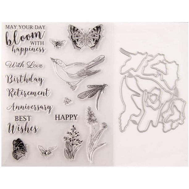 Hying Spring Bike & Flowers Clear Stamps Set - Butterfly, Greeting Words, Silicone Stamps For DIY Cards & Journals