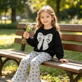 thumbnail image 3 of OYXSER Kids Girls Bow Graphic Crewneck Top and Bow Pattern Wide Leg Pants Set, Black 5 Years, 3 of 9
