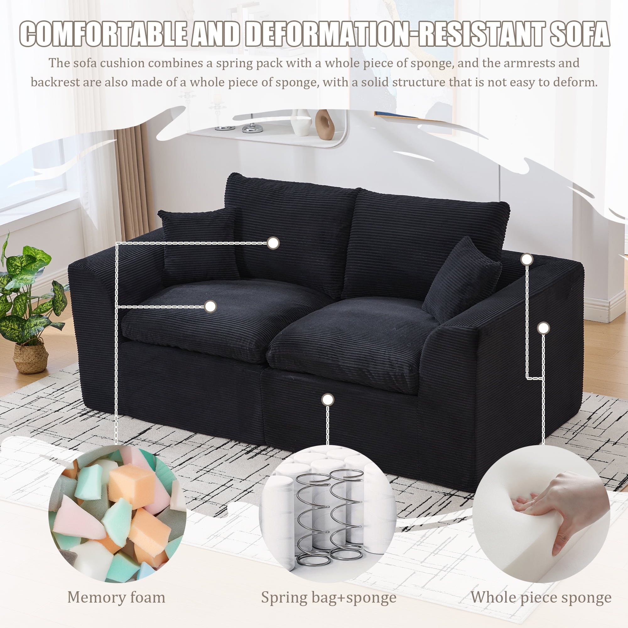 Leumius 80" Cloud Couch,Modern 2 Seater Sofa with Pillow,Upholstered Corduroy Fabric Modern Loveseat for Living Room Bedroom Apartments Dorms,No Assembly Required,Black