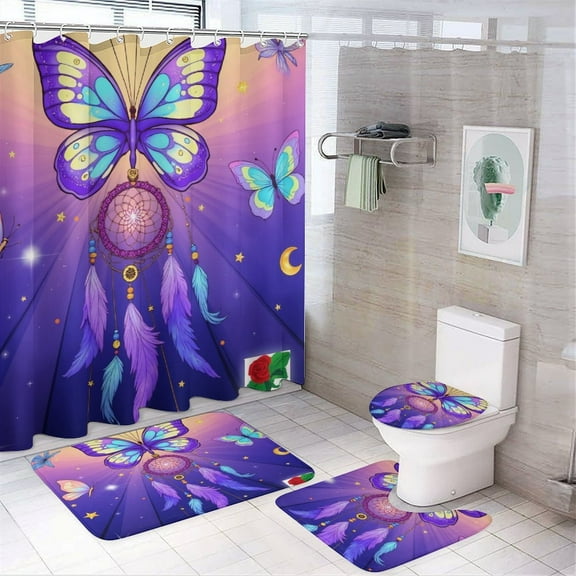 Dreamcatcher with Butterflies And Stars Shower Curtain Waterproof Bathroom Curtain Set with Hooks Home Decor Bathroom Curtains 4pcs