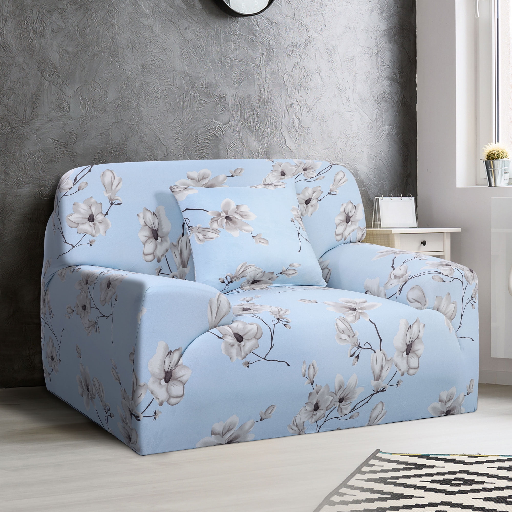PiccoCasa 1 Seater Sofa Slipcover Spandex Floral Print Couch Cover, Small Sky Blue