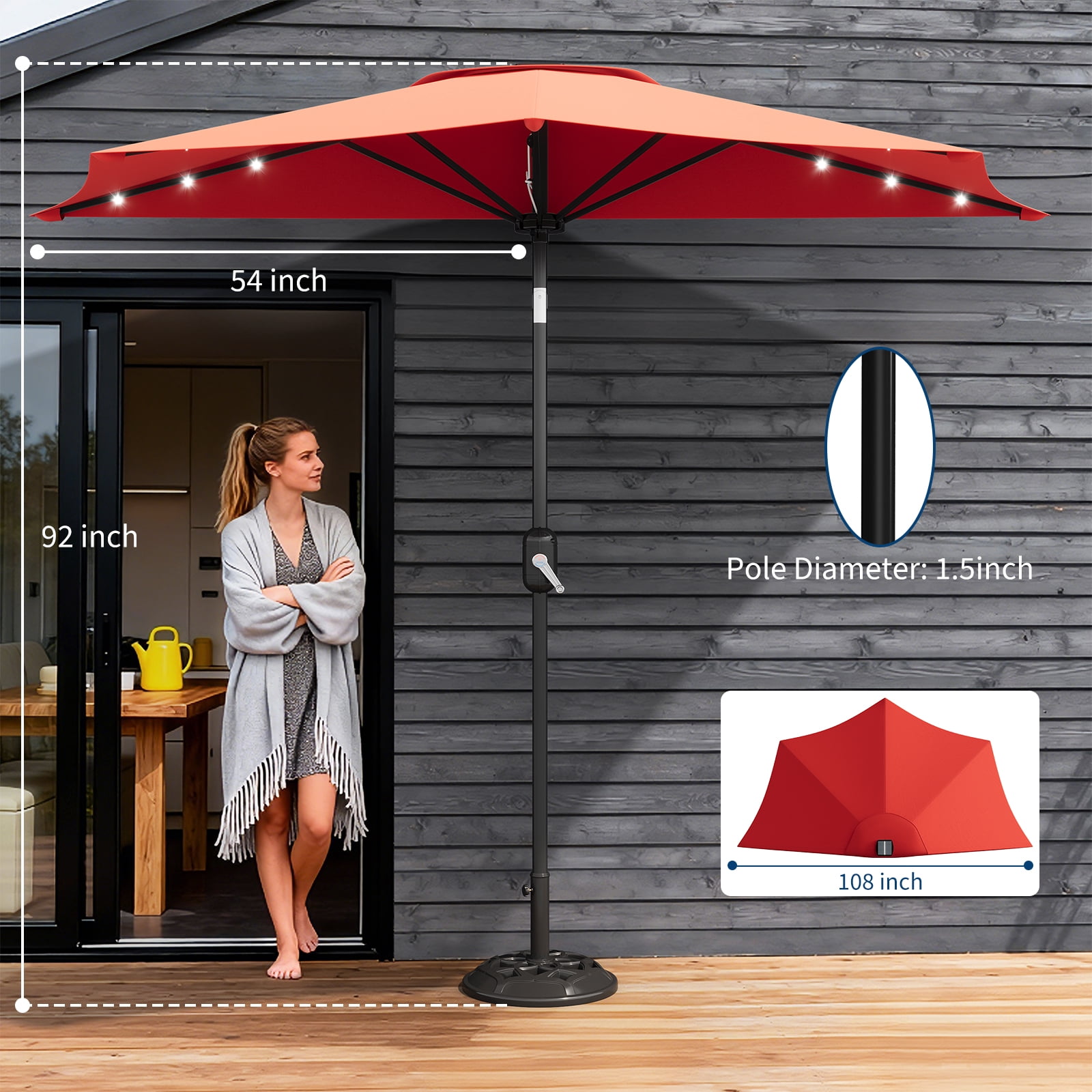 Patio Umbrella 9FT - Half Umbrella Outdoor with Solar LED Lights and Smooth Crank Lift, Outdoor Shade Canopy for Patio,Garden,Red
