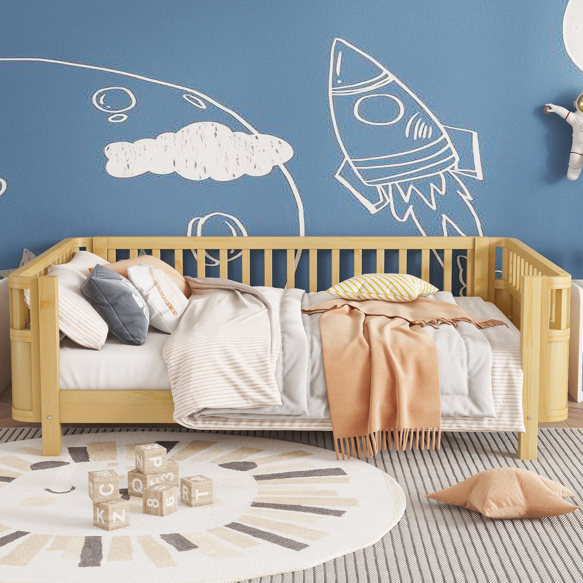 Sesslife Wood Full Platform Bed Frame, Full Size Bed Frame with Salts and Safety Fence for Boys Girls, Low Profile Bed Full with Removable Guardrail, No Box Spring Needed, Natural