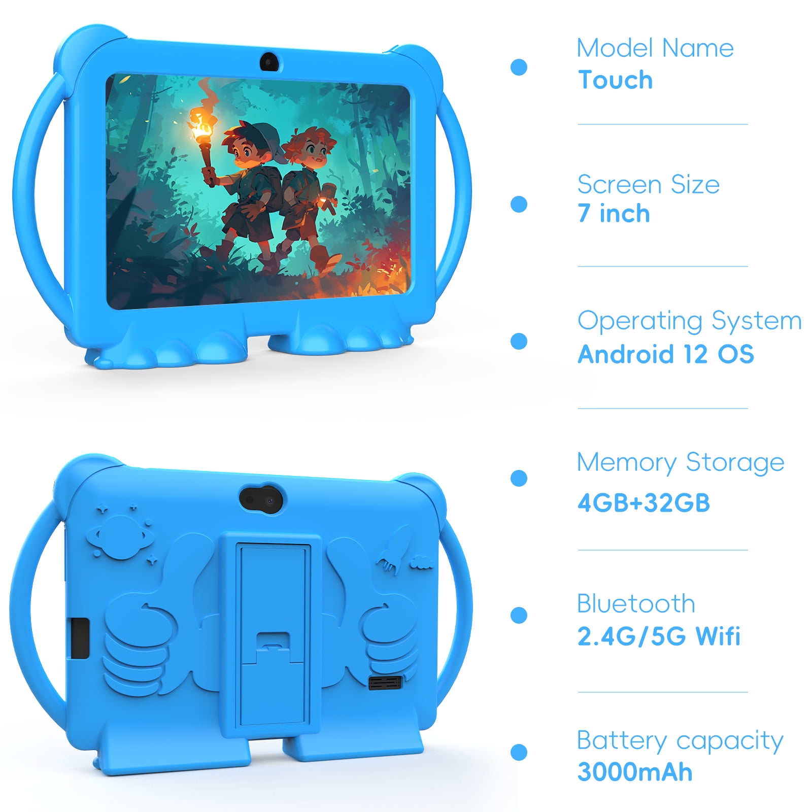 2024 Kids Tablet, 7 inch Android 12 Tablet for Kids, 4GB+32GB ROM+1TB Expand Blue