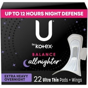 U by Kotex Balance Ultra Thin Overnight Pads with Wings, Extra Heavy Absorbency, 22 Ct