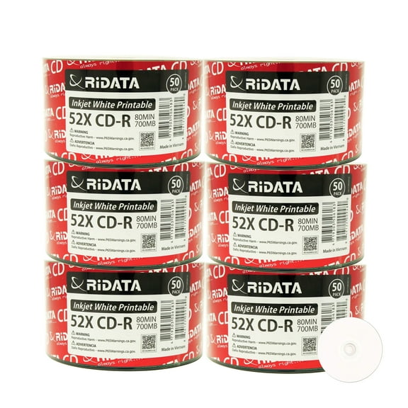 300 Pack Ridata CD-R 52X 700MB 80Min White Inkjet Hub Printable Blank Media Recordable Disc