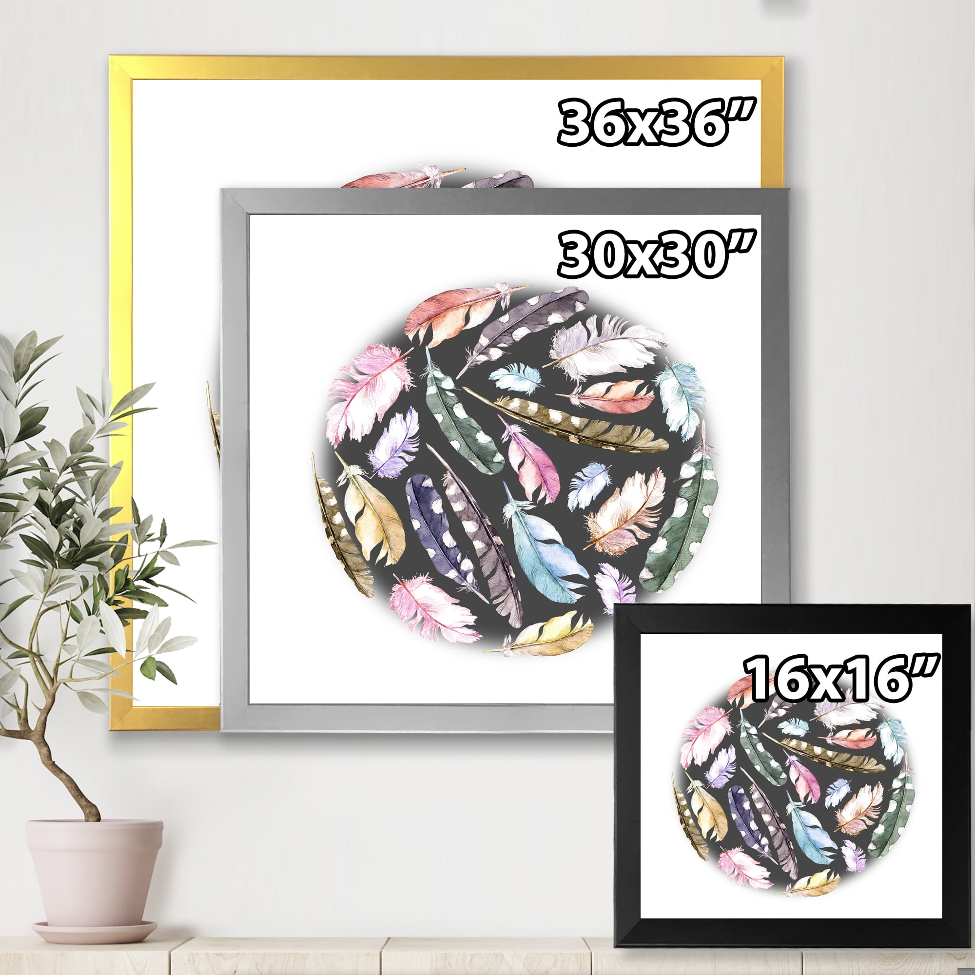 Designart 'Colorful Boho Feathers In Circle Shape' Bohemian & Eclectic Framed Art Print