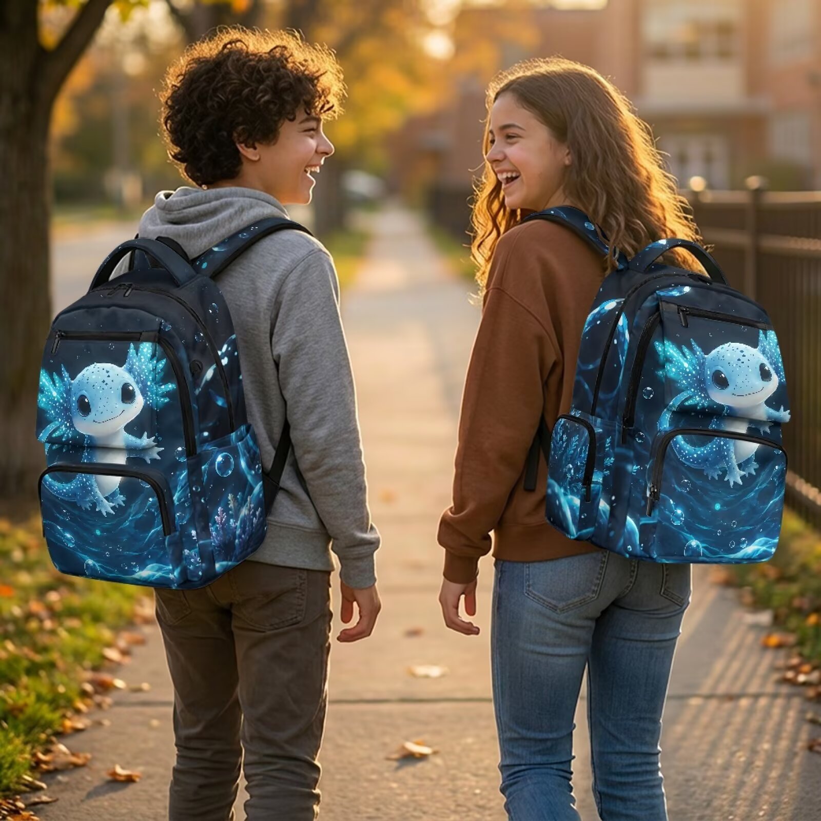 Mochila infantil de ajolote azul para niñas, con estampado de acuarela, ligera, con múltiples bolsillos, regalo de regreso a clases 2