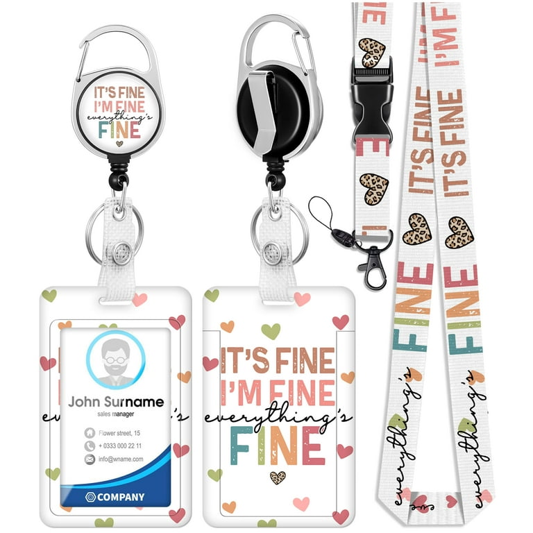 ID Badge Holder with Lanyard and Retractable Badge Reel Belt Clip, Funny  I'm Fine It's Fine Key Keychain Lanyards Clip On Badge Extender Vertical ID  Sleeve for Women Men(Colorful) 