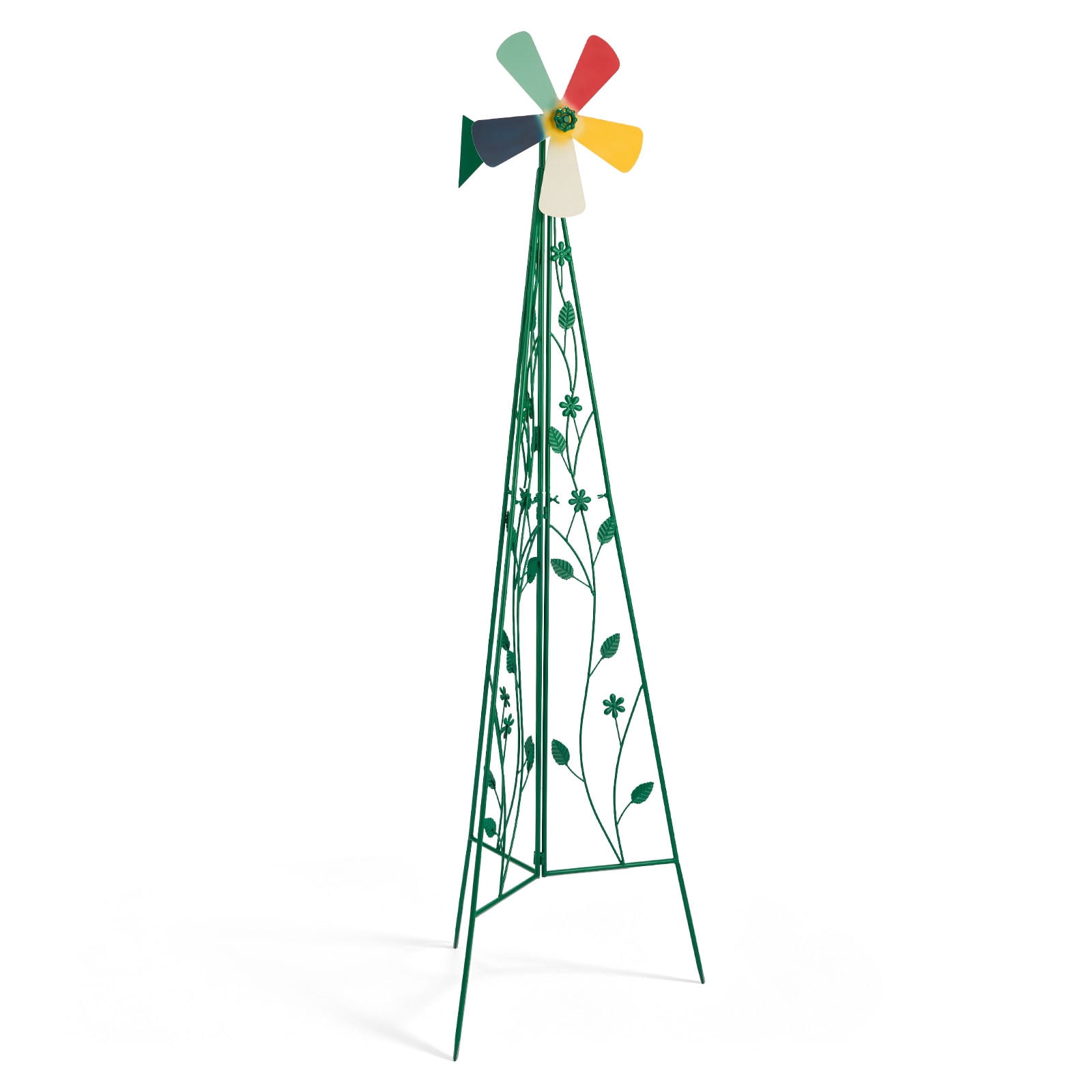 6.2FT Decorative Iron Windmill with 5 Green Rotatable Blades, Tripod Base Weather Resistant Garden Wind Spinner for Yard Patio Outdoor Landscape
