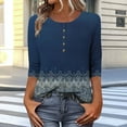 thumbnail image 4 of Taqqpue Womens 3/4 Length Sleeve Tops Dressy Casual Flower Printed Crew-Neck Half Sleeve Button T Shirt Loose Fit Plus Size Blouse Tops, 4 of 7
