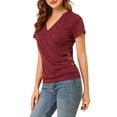 thumbnail image 4 of INSPIRAR CHIC Blusas de Mujer con Manga Corta y Cuello en V, Decoración de Botones, Fruncidas, Casual, Burdeos M, 4 of 7