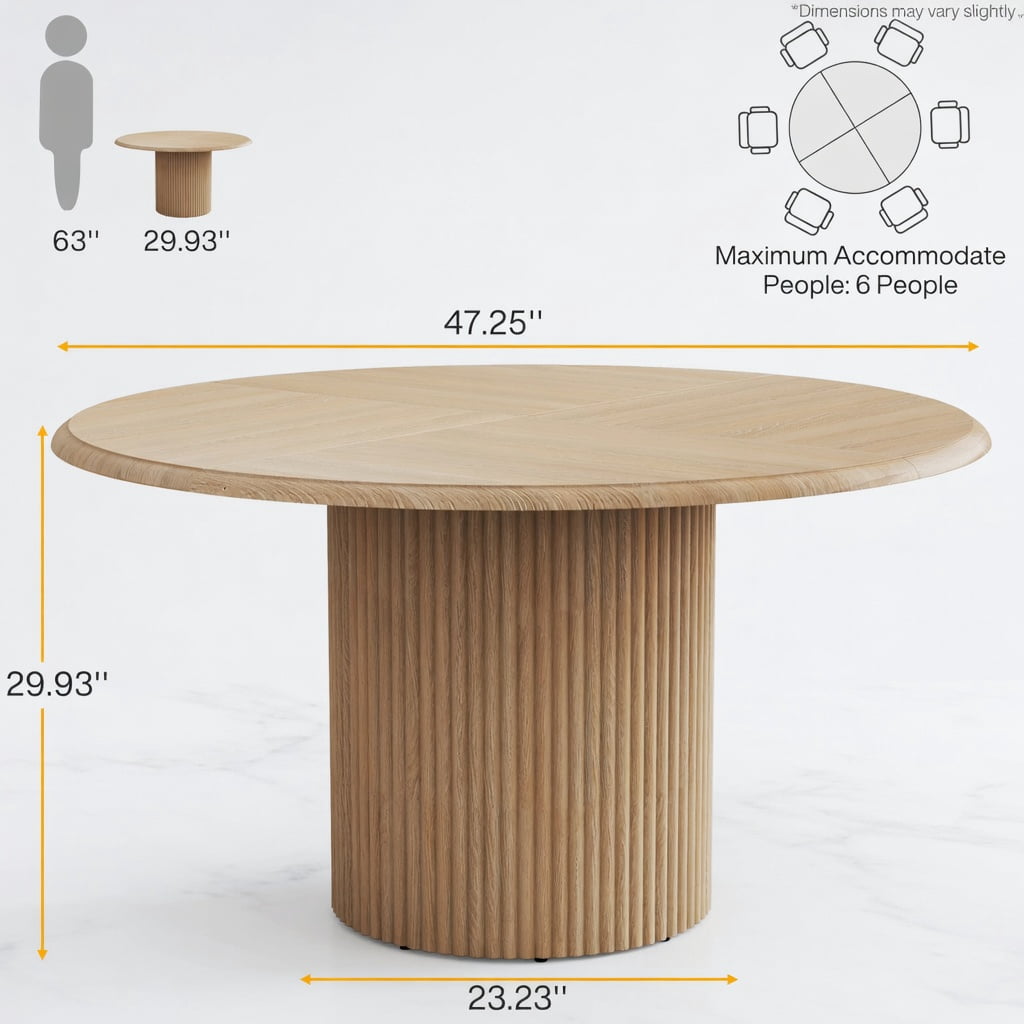 Hommoo 47.24 Inch Round Farmhouse Dining Table with Powder-Coated Metal Base, Modern Rustic Kitchen Table for 4–6 People, Gray