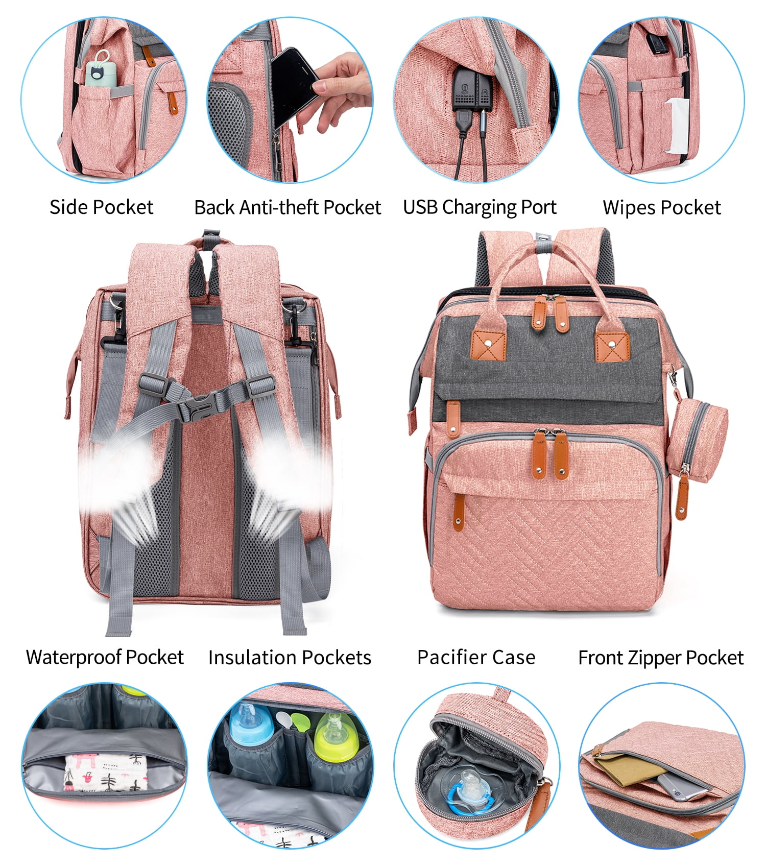 Diaper Bag Backpack with Changing Station, Large Diaper Bag, Baby Bag, Multifunctional Diaper Bag, Pink