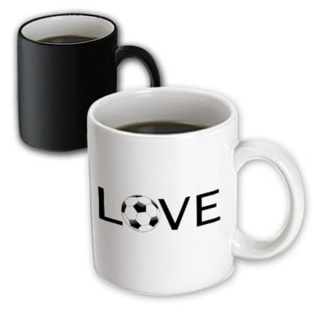 Magic Cups And Balls - 3dRose Love text with black and white soccer ball for O Sport football player, Magic Transforming Mug, 11oz