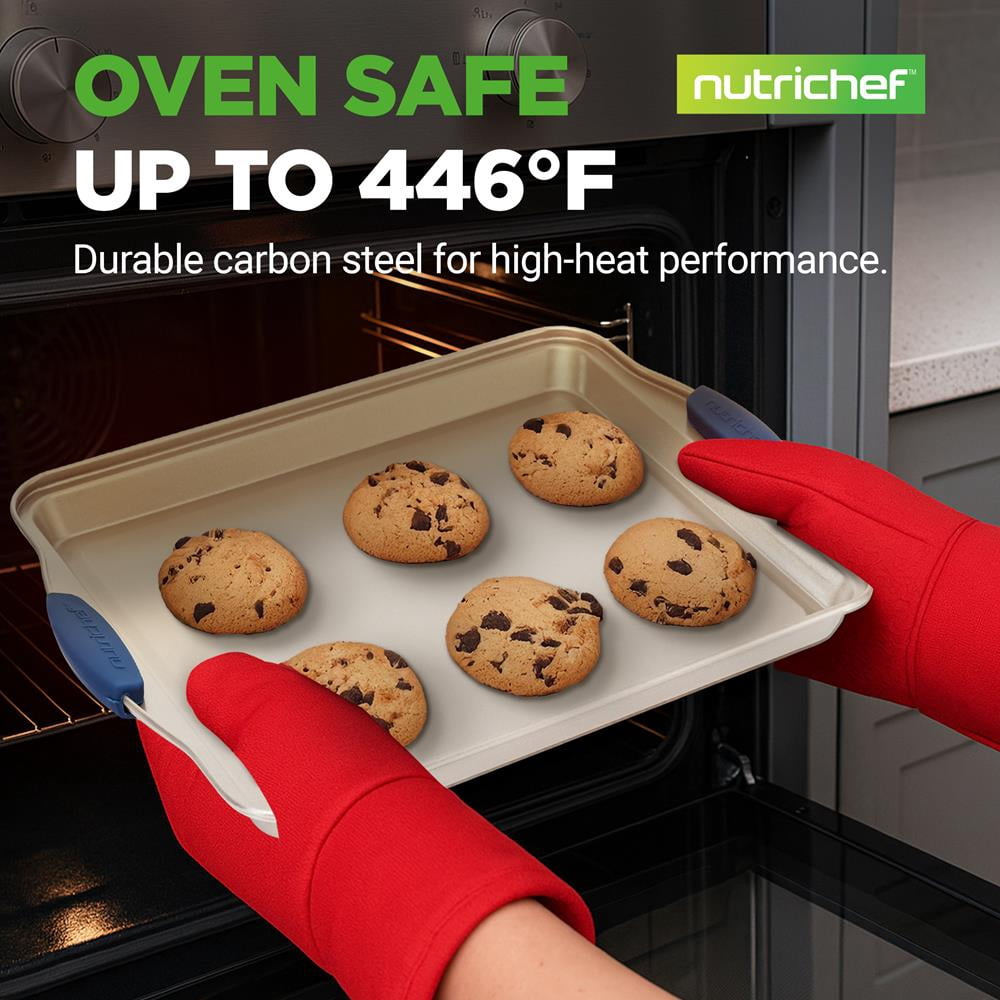 NutriChef 3-Piece Nonstick Baking Pans Set, Carbon Steel Cookie Sheets with Blue Silicone Handles, Small/Medium/Large Sizes, Even Heat Distribution, Gold