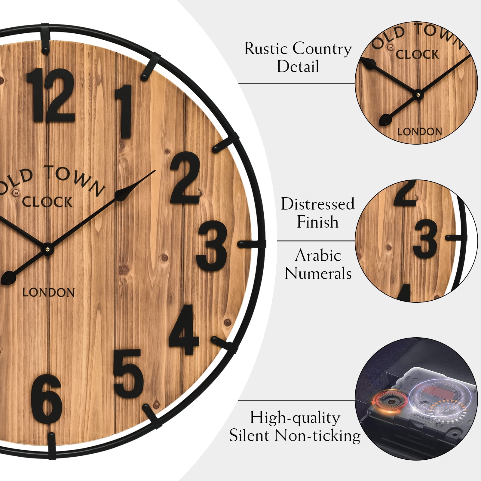 EMAX HOME 30.2-inch Silent Farmhouse Wall Clock, Vintage Wood Design with High-Precision Quartz Movement, Perfect for Living Room, Bedroom, or Office