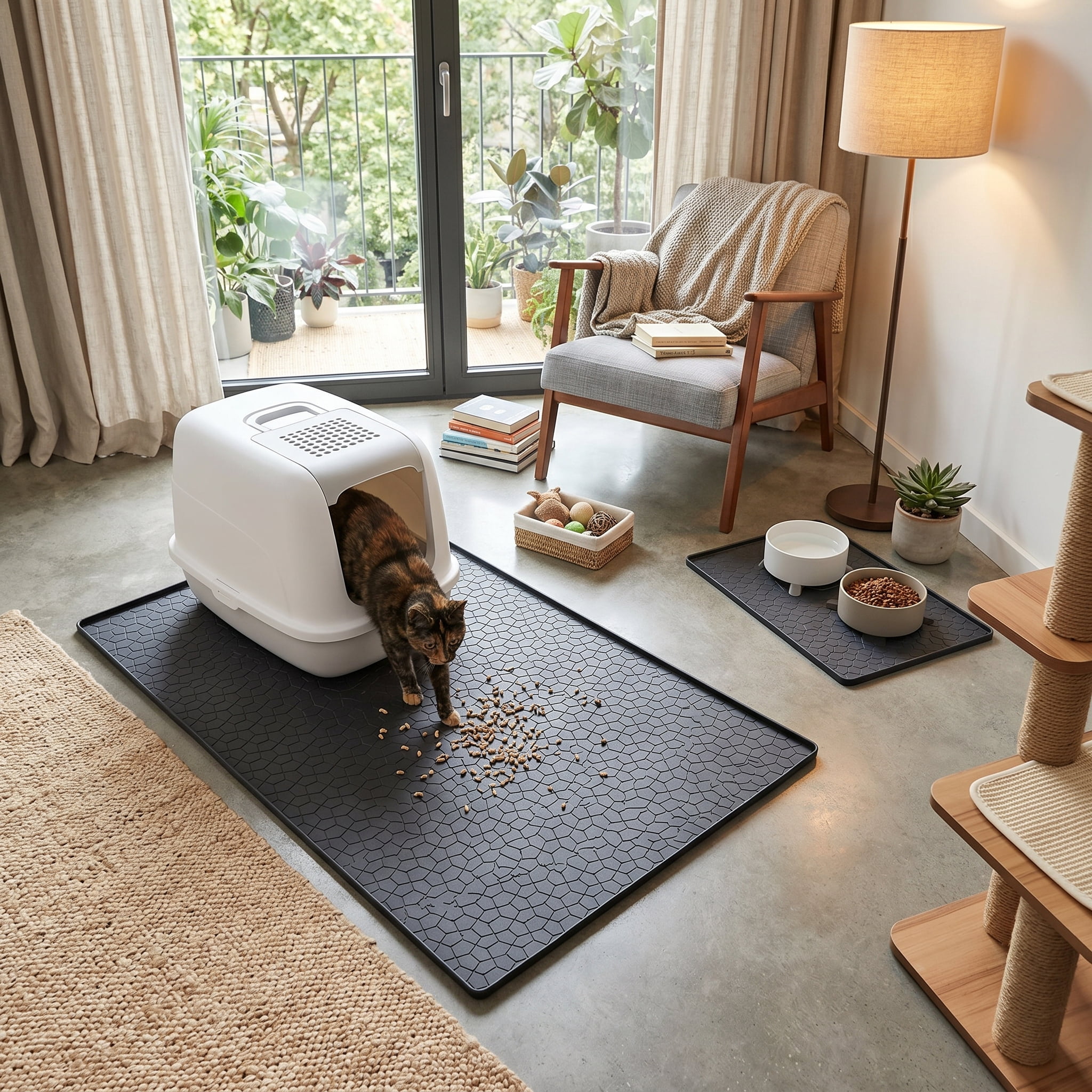 CACAGOO Large 34" X 22" Cat Litter Mat, Waterproof Silicone Pad for Floor, Thickened Silicone Cat Litter Mat Easy Clean Mat for Cat Feedi, Black