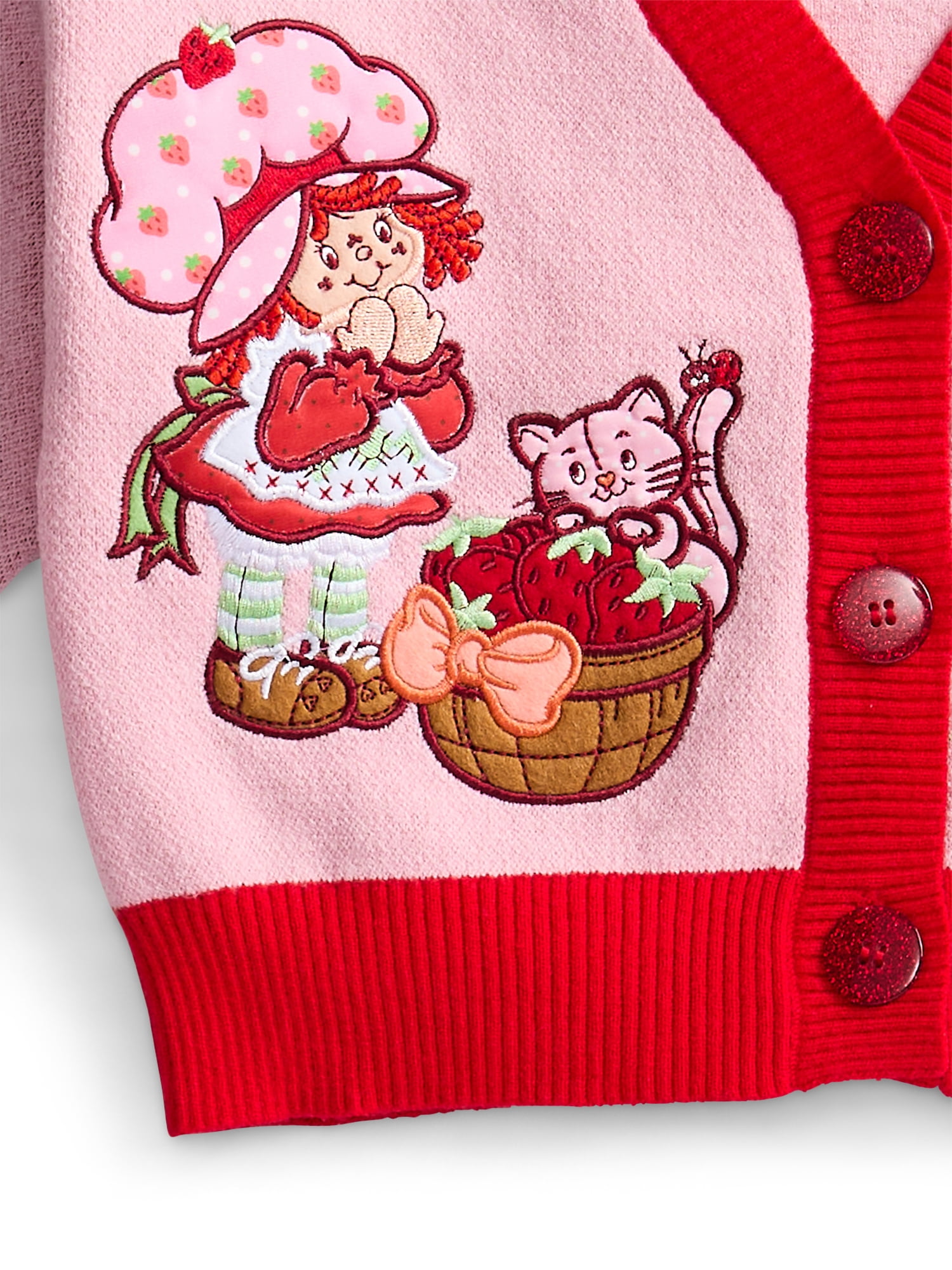 Strawberry Shortcake Button Down V Neck Cardigan with Long Sleeves, Sizes XS-XL