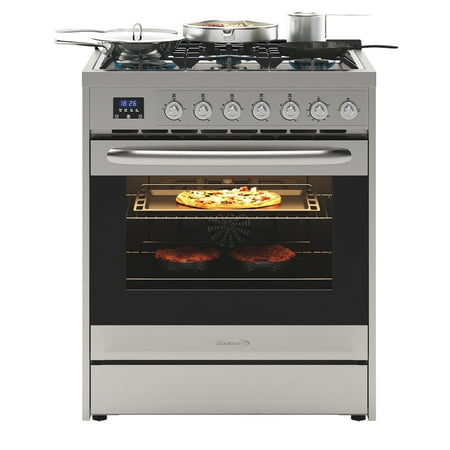 30” Inch Professional Gas Range Stove with 5 Burner Cooktop, Rapid Convection Oven, and Digital Timer with Heavy-Duty Cast Iron Grates, Stainless-Steel Appliance, Silver