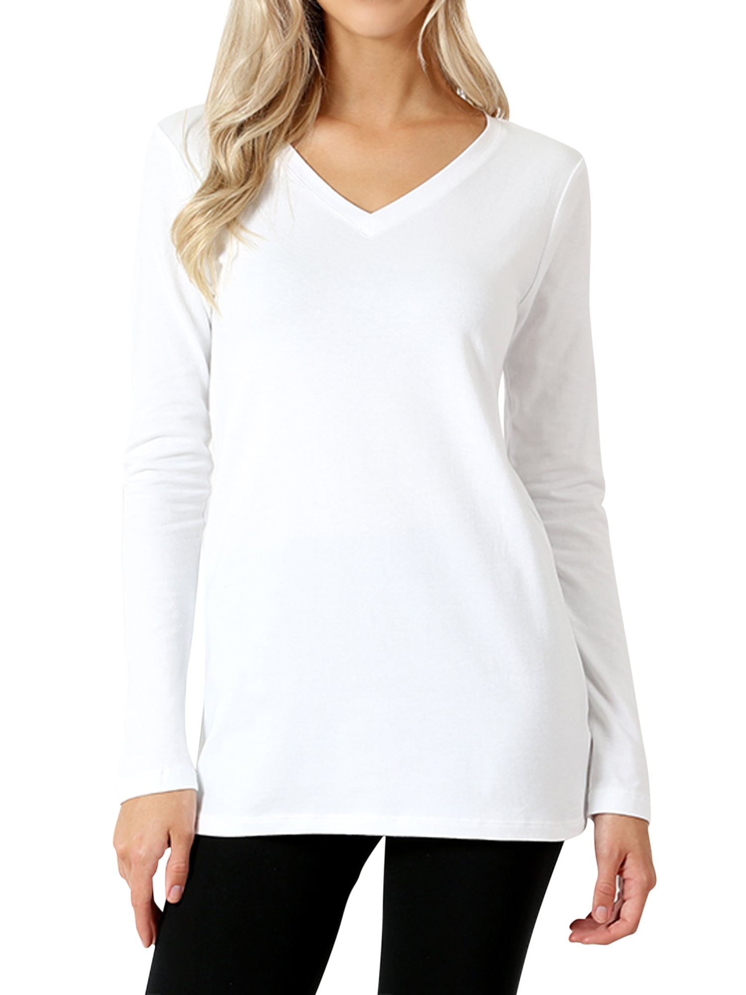 Women Casual Basic Cotton Loose Fit V-Neck Long Sleeve T-Shirt Top ...