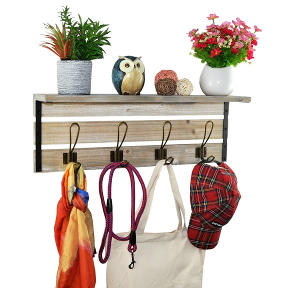 23.6" Kids Wall Floating Shelves with Cubbies, Home Decorative Single Coat Rack, Rustic Wood, Metal Hooks, Grey