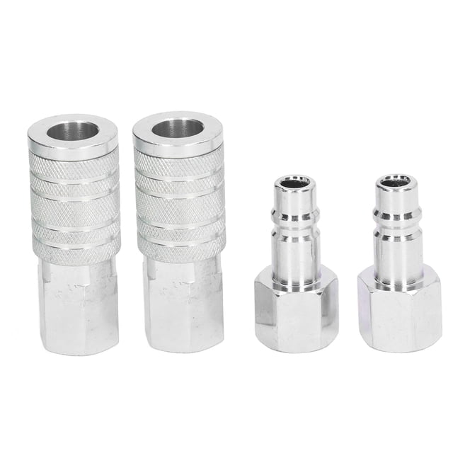 kit de conector de herramienta neumática npt estilo americano de 1/2 pulgada (2 internos+2 internos) conector de conexión rápida de manguera de aire kit de conexión de accesorios de compresor de aire — cuatro piezas de aleación de aluminio: dos acopladores de 1/2 pulg. NPT con cuerpo moleteado y dos enchufes macho de 1/2 pulg. con base hexagonal, vista frontal sobre fondo blanco; a menudo usado para organizar mangueras y accesorios en talleres domésticos.
