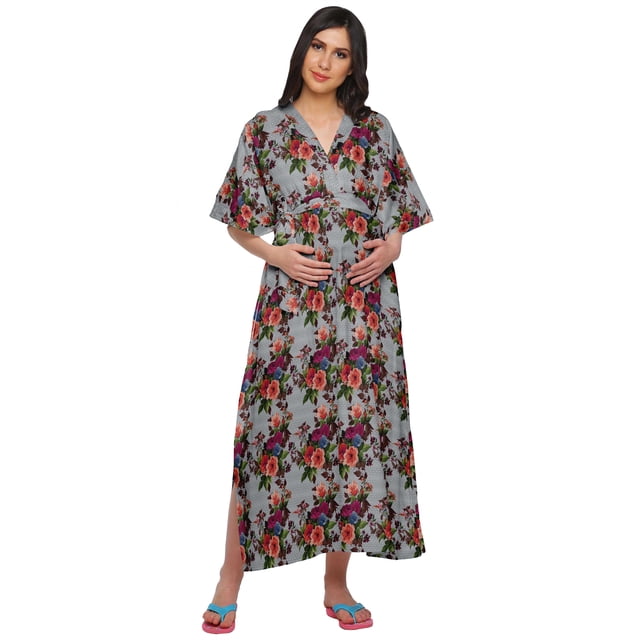 Moomaya Robe Longue Maxi de Maternité Imprimée pour Femmes, Kaftan Boutonné en Coton