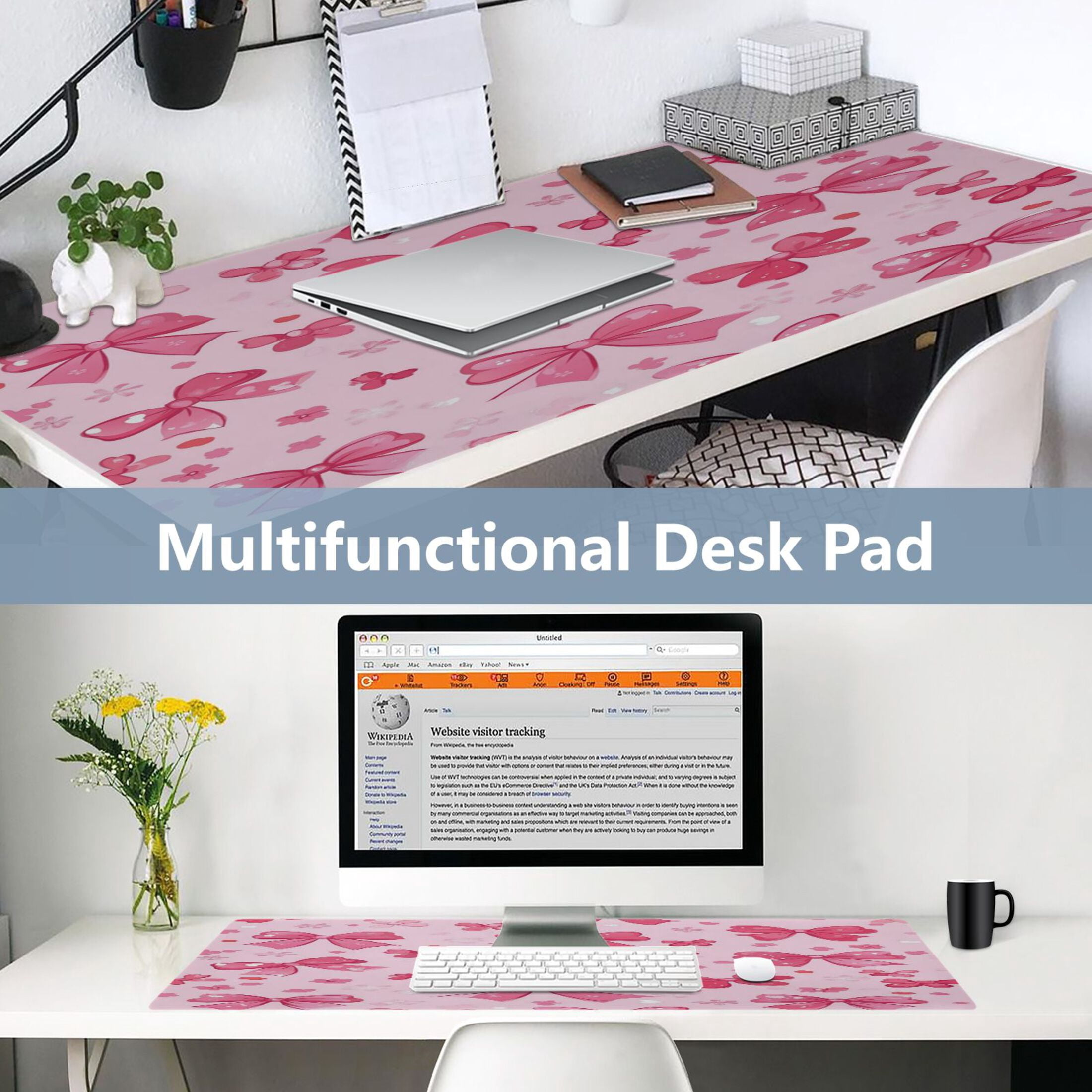Leather Keyboard and Mouse Desk Mat Office Desk Accessories Protective Office Desk Decor Desk Pad Mat for Gaming, Work from Home, Office Pink Cute Bows 16.5" x 35.4"
