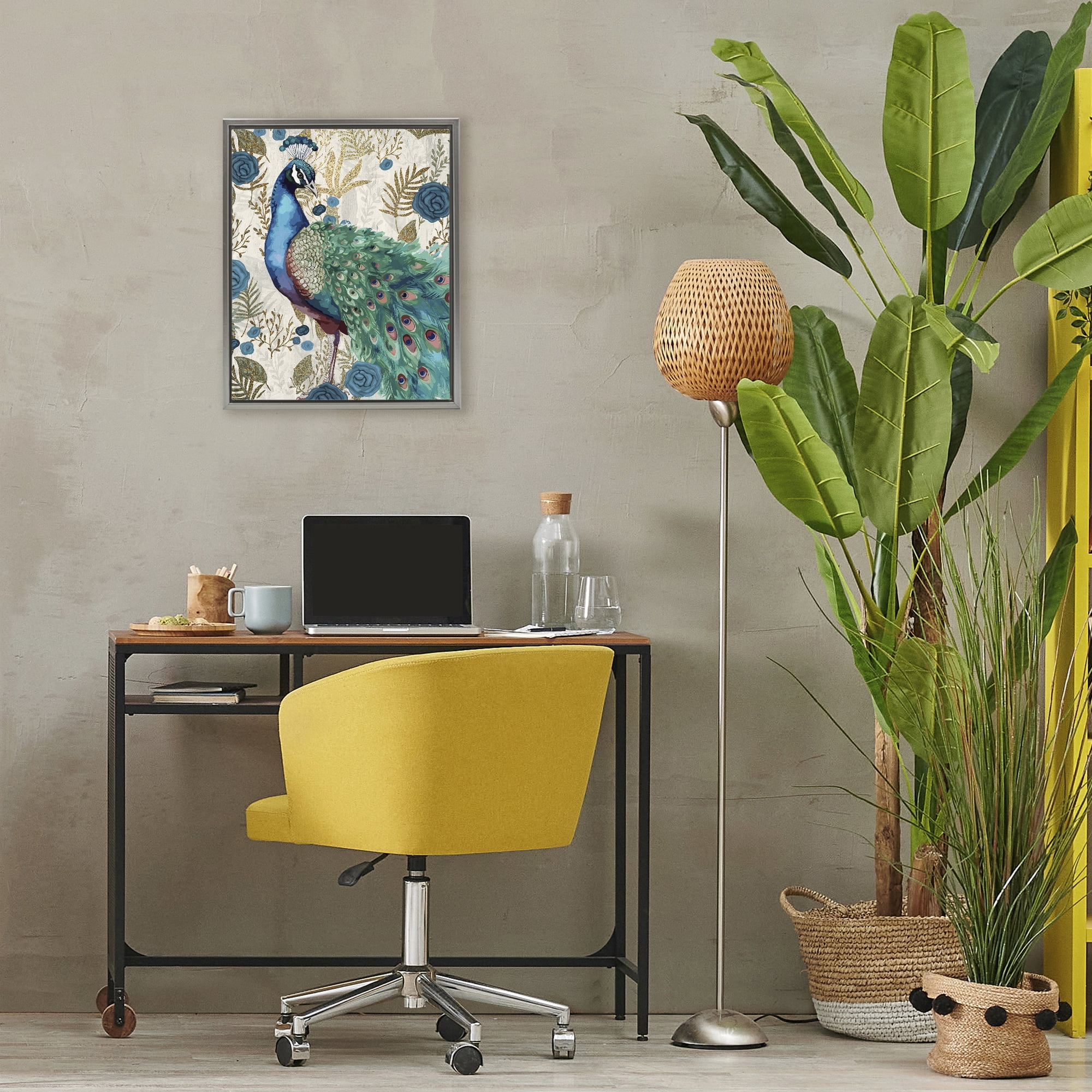 Stupell Industries Rococo Peacock Pride Gray Framed Floater Canvas Wall Art, design by Kim Allen