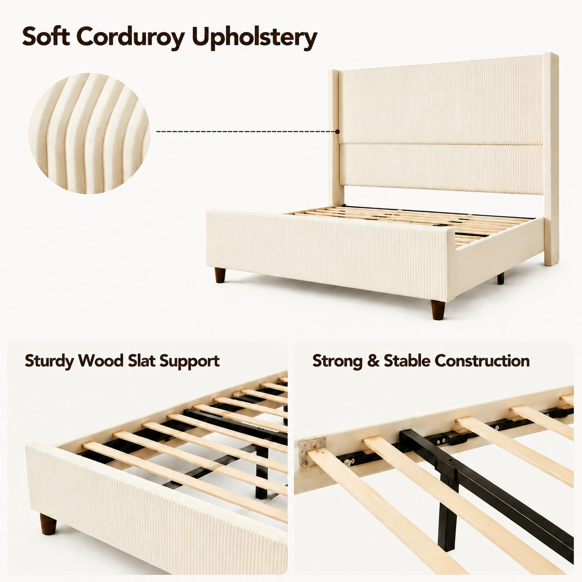 Leumius Queen Size Bed Frame with Padded Headboard, Luxury Thick Base Bed with Extra-high Wingback Vertical Stripes, Sturdy Solid Wood Slats and Legs,Beige